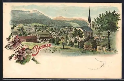 Lithographie Bergen / Traunstein, Totalansicht