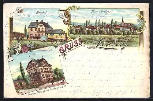 Lithographie Londorf, Bahnhof, Post und Totalansicht