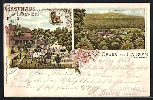 Lithographie Hausen b. Butzbach, Gasthaus zum Löwen, Bes. J. Jung, Ortsansicht mit Hausberg