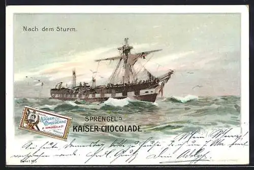 Künstler-AK Willy Stoewer: Reklame für Sprengel`s Kaiser-Chocolade, Segelschiff nach dem Sturm, Kakao