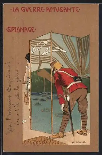 Künstler-AK Raphael Kirchner sign. M. Raschka: La Guerre Amusante, Spionage, Soldat blickt durch Paravan