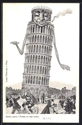 Künstler-AK Pisa, La Torre Pendente, Der schiefe Turm von Pisa mit vermenschlichtem Gesicht und Zigarette