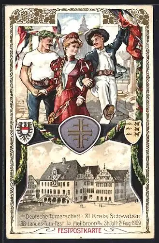 AK Ganzsache PP27 C105: Heilbronn, 38. Landes-Turn-Fest 1909, Turner mit Fahnen und Wappen