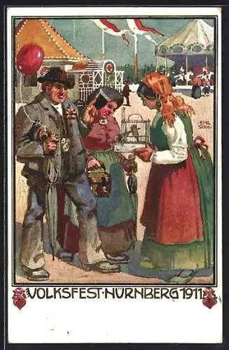Künstler-AK Nürnberg, Volksfest 1911, Vogelverkäuferin, Ganzsache Bayern