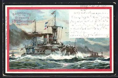 Lithographie China, Rückkehr der S. M. S. Weissenburg, Kriegsschiff, Ostasiengeschwader