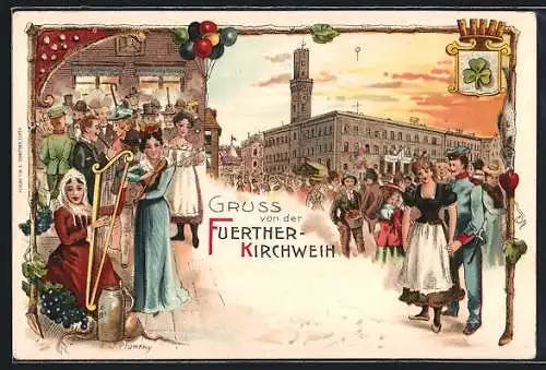 Lithographie Fürth / Bayern, Kirchweih, Festbesucher am Rathaus, Harfneringm Ganzsache Bayern