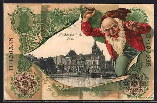 AK Mülhausen i. E., Blick auf das Postgebäude, Ansicht im Geldschein mit Zwerg