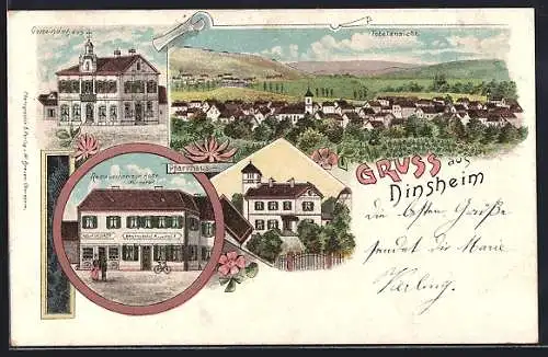 Lithographie Dinsheim, Restaurant zur Rose v. W. Fürderer, Gemeindehaus, Pfarrhaus, Totalansicht