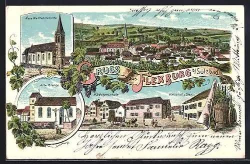 Lithographie Flexburg b. Sulzbad, Gasthaus zum Stern und Mädchenschule, Neue Wallfahrtskirche, alte Kirche
