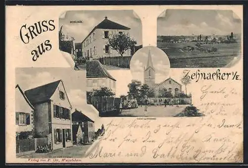 AK Zehnacker i. E., Neues Gasthaus, Kirche und Pfarrhaus, Schulhaus, Totalansicht