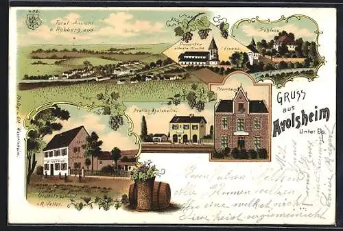 Lithographie Avolsheim /Unter-Els., Gasthof z. Bahnhof v. R. Vetter, Dompeter-Kirche, Schloss, Pfarrhaus