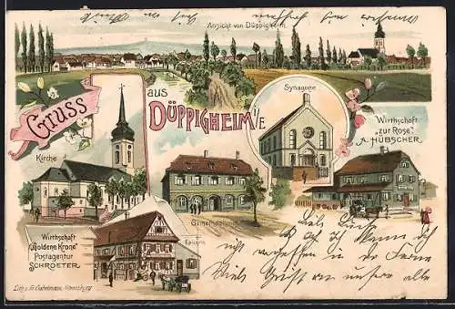 Lithographie Düppigheim i. E., Gasthaus Goldene Korne der Postagentur Schroeter, Gasthaus zur Rose v. A. Hübscher