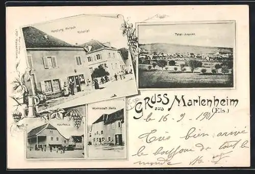 AK Marlenheim /Els., Gasthaus Herle, Handlung Fritsch, Kaufhaus, Notariat und Totalansicht