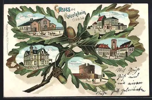 Lithographie Wasselnheim /Elsass, Volla Dr. Hoffmann, Schlachthaus, Schlossplatz im Eichenblatt-Passepartout