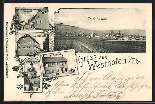 AK Westhofen i. Els., Handlung Kutsch in der Birisgasse, Stadtglöckel, Apotheke und Totalansicht