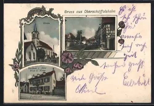 AK Oberschäffolsheim, Gasthaus zum Adler, Bes. Wwe. E. Mayer, Kirche und Strassenpartie