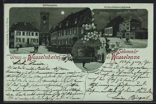 Mondschein-Lithographie Wasselnheim, Schlossplatz, Kirche und Gemeindehaus