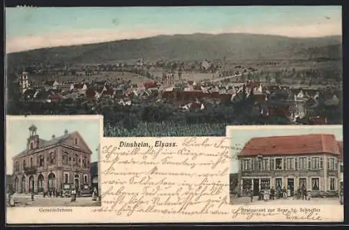 AK Dinsheim /Elsass, Restaurant zur Rose, Bes. Ig. Schaeffer, Gemeindehaus und Totalansicht