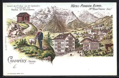 Lithographie Champéry /Valais, Hôtel-Pension Berra, Mlle. Bourl`honne Succ.