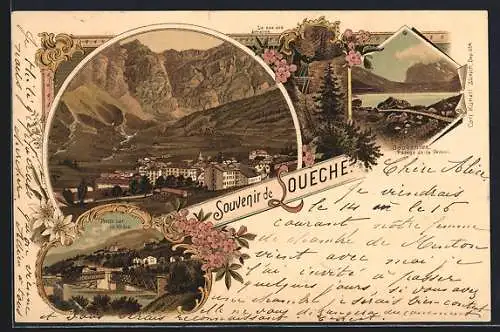 Lithographie Leuk / Loueche, Ponts sur le Rhône, Daubensee, Passage de la Gemmi