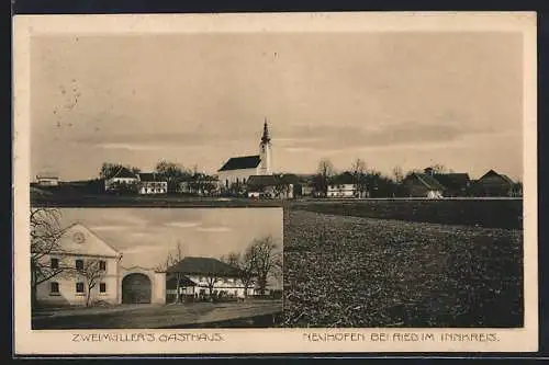 AK Neuhofen bei Ried, Zweimüller`s Gasthaus und Ortsansicht mit Kirche