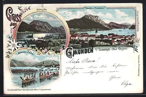 Lithographie Gmunden am Traunsee, Schloss Ort, Ortsansicht, Blumencorso am Traunsee