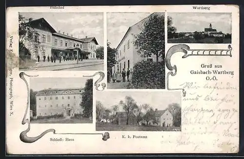 AK Gaisbach-Wartberg, Bahnhof, Schloss und K. k. Postamt