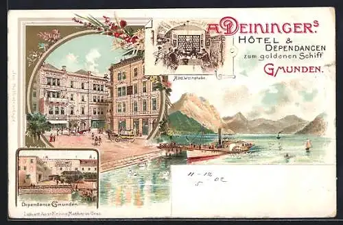 Lithographie Gmunden, A. Deiningers Hotel & Dependancen zum goldenen Schiff