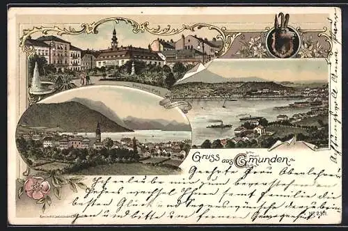 Lithographie Gmunden, Franz Josef-Platz mit Fontäne, Ortspanorama mit Traunsee