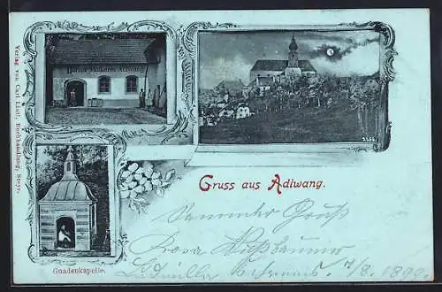 Mondschein-AK Adlwang, Dampf-Molkerei, Gnadenkapelle, Teilansicht mit Kirche