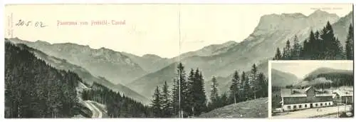 Klapp-AK Prebichl, Gasthaus Alpenherberge, Panorama vom Tunnel aus