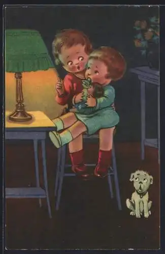 Künstler-AK Zwei Geschwister mit Puppe und Hund