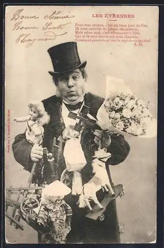 AK Les Étrennes, Mann mit Puppen, Spielzeug und Blumenstrauss