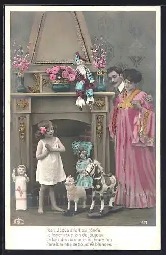 AK Mädchen bekommt Puppe und Spielzeugpferd zu Weihnachten geschenkt