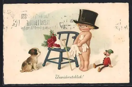 AK Kind mit Zylinder und Gehstock, Hund und Puppe