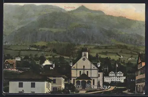 AK Sachseln, Teilansicht mit Kirche u. Bergpanorama