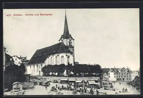 AK Herisau, Kirche und Marktplatz mit Händlern und Ständen