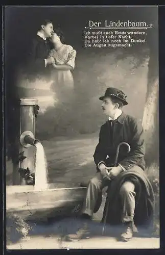 Foto-AK Der Lindenbaum, Mann denkt an seine Geliebte