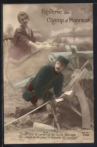 Foto-AK Soldat im Feld denkt an seine Frau