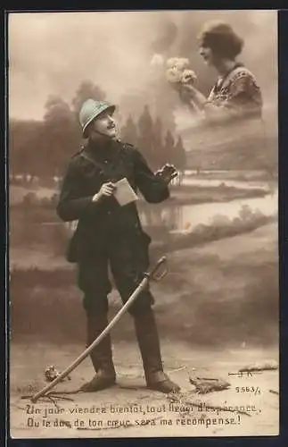 Foto-AK Soldat an der Front denkt an seine Frau