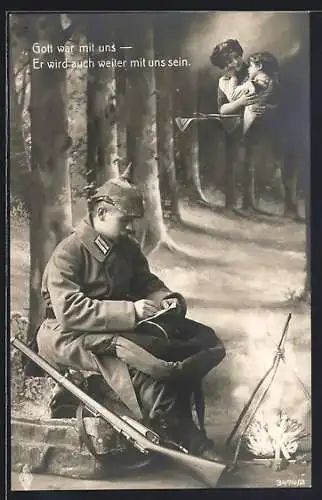 Foto-AK Uniformierter Soldat denkt an Frau und Kind
