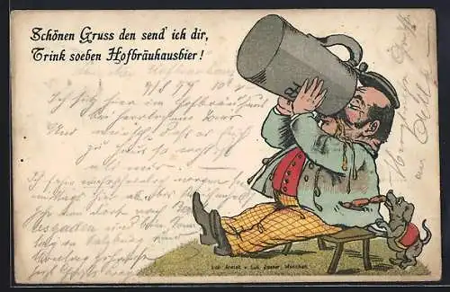 AK Mann trinkt Hofbräubier aus riesigem Krug