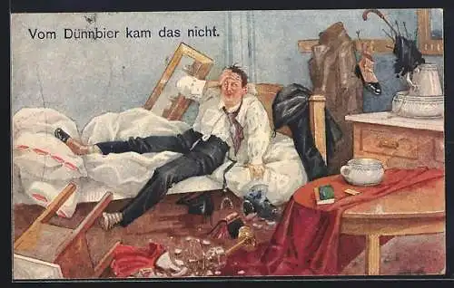 AK Schwer verkaterter Mann wacht in zerstörter Wohnung auf