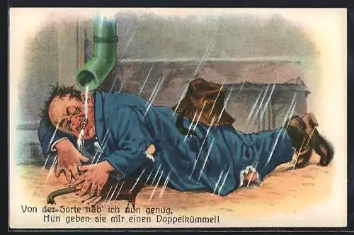 AK Betrunkener Mann trinkt Wasser aus der Regenrinne