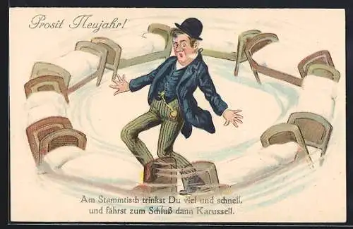 AK Betten drehen sich um den betrunkenen Mann, Neujahrskarte