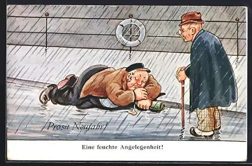 AK Betrunkener Mann schläft am Strassenrand im Regen