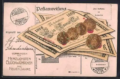 AK Reichsmarknoten und -geldmünzen, Einzahlung, Neujahrskarte