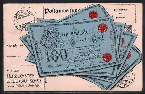 AK 100 Reichsmark-Geldscheine, Einzahlung, Neujahrskarte