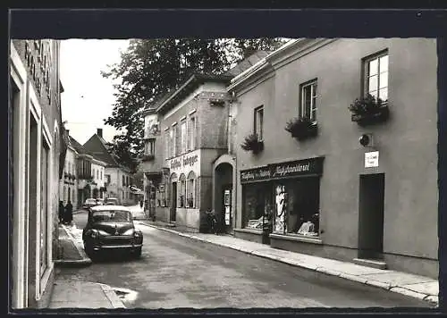AK Gresten, Gasthof Hubegger Zur Post, Kaufhaus und Massschneiderei, VW und Friseur