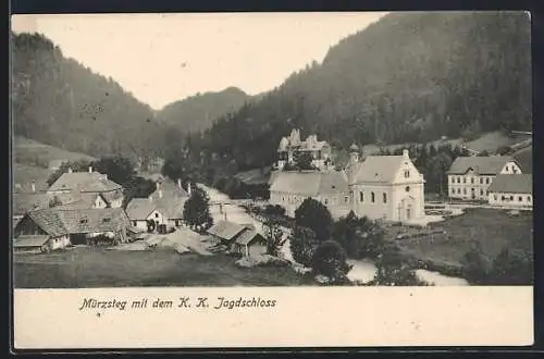 AK Mürzsteg, Ortsansicht mit dem k. k. Jagdschloss